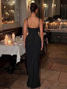 Thick Strap Asymmetrical Pleated Sexy Slightly Sheer High Slit French Romantic Wedding Evening Party Dress - Black - View 4