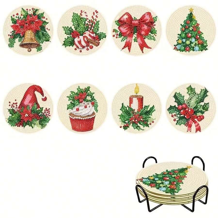 New DITY Handmade Diamond Painting, Shiny Full Drill Living Room Bedroom Tea Cup Coaster Decor 8pcs Set, Suitable For Gift Giving[With Stand] - Multicolor - View 1