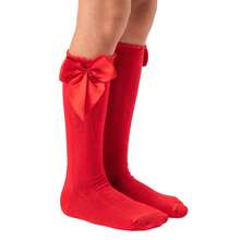 Girls' 3/4 Knee-High Party Socks With Satin Bow, 16-33, For Baptism, Wedding, Flower Girl, Social, Dance, Events, Elegant, School - 紅黑配色 - 查看 7