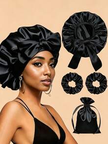 4pcs/Set Silky Elastic Bow Sleep Cap Set, Includes 1pc Sleep Cap, 2pcs Hair Scrunchies And 1pc Storage Bag, Can Be Used As Sleep Cap Or Shower Cap, Suitable For All Seasons (Optional 4pcs/Set Or 1pc/Set) - Multicolor - View 2