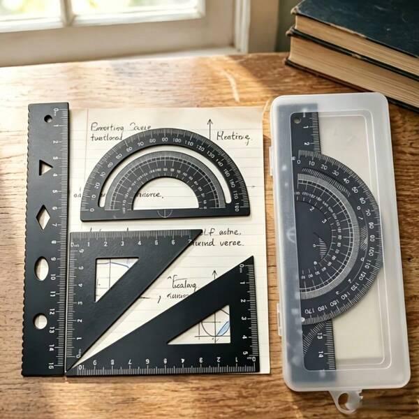 4-Piece Metal Ruler Set, Includes Straight Ruler, Triangle Ruler, Protractor, Specialized For Measuring And Drawing, Ideal For School, Office And Woodworking, Multi-Functional, Resistant To Bending, Clear Markings, Rounded Edges For Safety