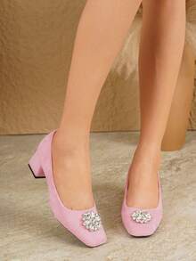 AMROUO 2026 New Elegant Suede Square Toe 4.5cm Block Heel Pumps With Rhinestone Flower Buckle Decor, Soft And Comfortable, Fashion Women's Shoes For Dress, Formal, Date, Commute, Party And Multi-Occasion Wear - Baby Pink - View 3