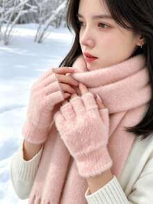 1 Pair Of Women's Open Finger Knitted Plush Gloves, Suitable For Winter Gloves, Essential For Travel And Keeping Warm - One Size - View 6