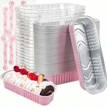 100 Sets Mini Toast Molds With Lids And Spoons, 100pcs, Pink, 6.8oz, Rectangular Aluminum Foil Baking Pans - Multicolor - View 1