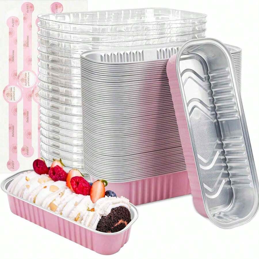 100 Sets Mini Toast Molds With Lids And Spoons, 100pcs, Pink, 6.8oz, Rectangular Aluminum Foil Baking Pans - Multicolor - View 1
