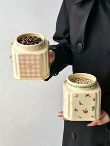 1pc French Vintage Floral Ceramic Storage Jar, Multi-Purpose Square Shape With Round Lid, Round Ceramic Airtight Canister, Coffee Bean Container, Suitable For Kitchen Spices, Coffee, Grains, Candy, Cookies, Home Kitchen Table Decor - Multicolor - View 4