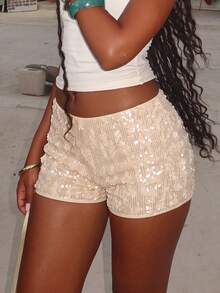 Women's New Leopard Print Sequin Embroidered Versatile Shorts For Autumn/Winter And All Seasons Summer - Champagne - View 1