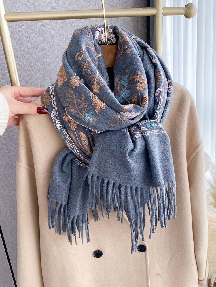 1PC Women's Autumn/Winter Faux Cashmere Embroidered Scarf, Thick Warm Tassel Shawl Cape, Bohemian Style Travel Wrap - Grey - View 2