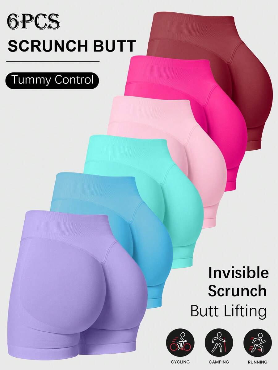 6件組女款收腹提臀跑步訓練健身瑜伽戶外運動短褲，春夏健身套裝，健身房雙層短褲