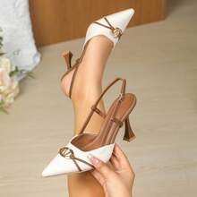 French Elegant Colorblock Pointed Toe Back Strap Metal Buckle Kitten Heel Closed Toe High Heel Sandals - Brown - View 3