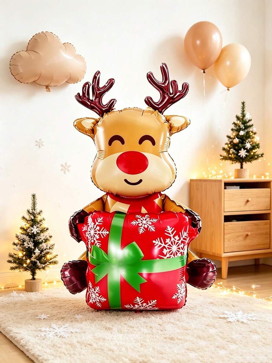1pc 23.22 Inch Red Nose Reindeer Holding Gift Foil Balloon, Suitable For Christmas Holiday Party Decoration, Home Window Party Atmosphere Setup, Photo Prop - View 1
