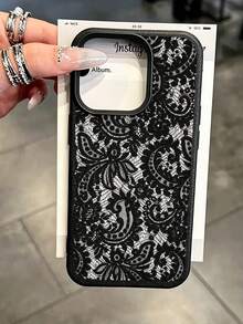 時尚個性化黑色蕾絲圖案荔枝紋手機殼，適用於 iPhone 18/18 Pro/18 Pro Max/17/17 Pro/17 Pro Max/16/16 Pro/16 Pro Max/15/15 Pro/15 Pro Max/14/13/12/11 - 黑色 - 查看 1