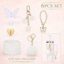 6PCS Butterfly Tumbler Accessories Set For 40oz Cups, Glitter Silicone Boot, Butterfly Straw Topper, Pom Pom Keychain, Flower Charm, Butterfly Pendant Chain & Heart Adhesive Hook, Cute Cup Decor Gift For Women, Cup Not Included - Multicolor - View 11