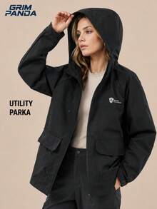 GRIM PANDA Women's Autumn Utility Hooded Parka Jacket, Zipper Closure, Raglan Sleeves, Large Pockets, Loose Fit Long Sleeve Outdoor Jacket, Suitable For Autumn Sports, Black - Black - View 1