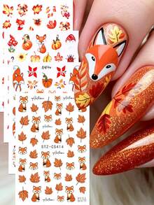 FULL BEAUTY 2/4pcs Autumn Red Maple Leaf & Fox Nail Stickers, Includes Floral, Pumpkin, Red Fox, Autumn Leaves, Colorful Lights Nail Decals, Autumn Nail Art Decoration DIY Thanksgiving Nail Supplies - Multicolor - View 14