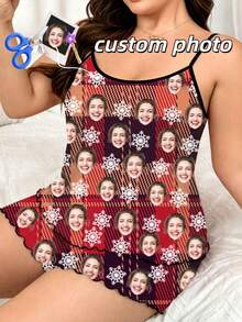 Custom Photo Women's Nightgown, Personalized Plaid Face Print Red Tartan Snowflake Camisole Slip Dress, Christmas Gift - Multicolor - View 1