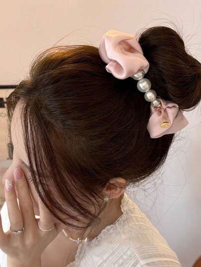1pc Elegant Satin Bow Faux Pearl Decor Hair Scrunchie, Sweet Elastic Hair Tie Ponytail Holder Women Hair Accessory For Daily & Party