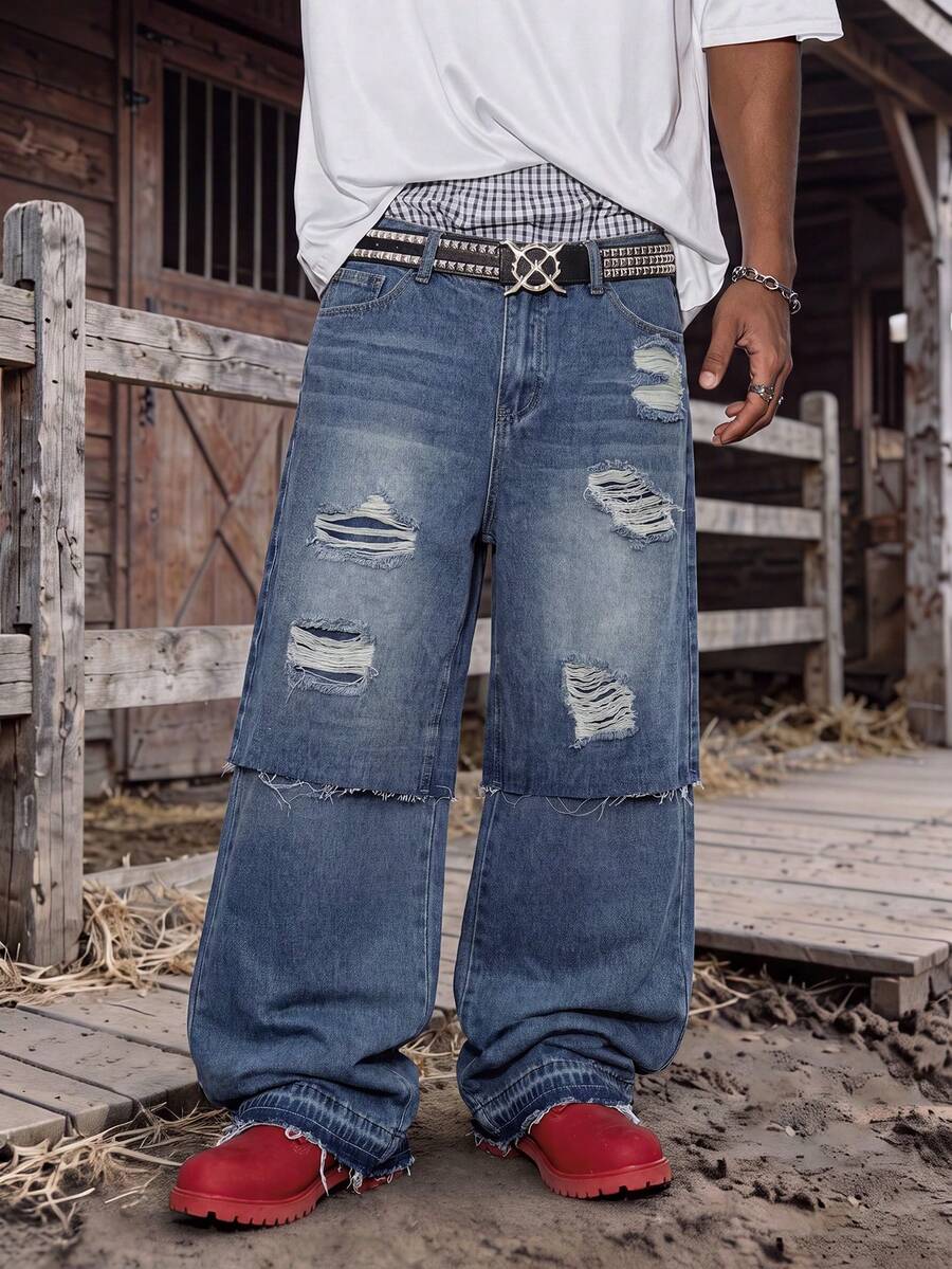 Men's Vintage Washed Blue 2 In 1 Double Layer Patchwork Wide Leg Denim Jeans, Double Layer Frayed Hem Distressed Casual Denim Pants - Blue - View 1