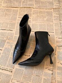 Sepatu Bot Ankle Hak Tinggi Stiletto Ujung Lancip Modis, Sepatu Bot Klasik Amerika Model Baru Musim Gugur/Dingin dengan Resleting Belakang - Hitam - View 1