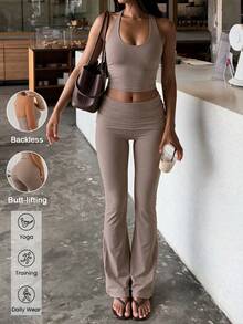 NOIRLYN Women's Autumn Casual Sports 2 Pieces Set, Sexy Halter Neck Thick Padded Cropped Tank Top With Layered High Waist Flare Straight Leg Summer - Brown - View 1