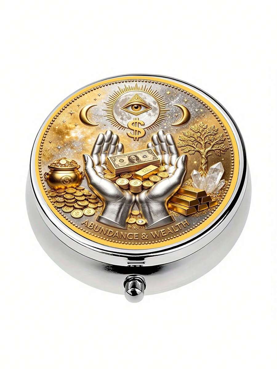 1pc Wealth & Prosperity Embossed Round 3-Compartment Pill Box, Lucky Coin Gold Ingot Tree Of Life All-Seeing Eye Portable Pill Dispenser, Mini Sealed Pocket Health Supplement & Medicine Storage Box