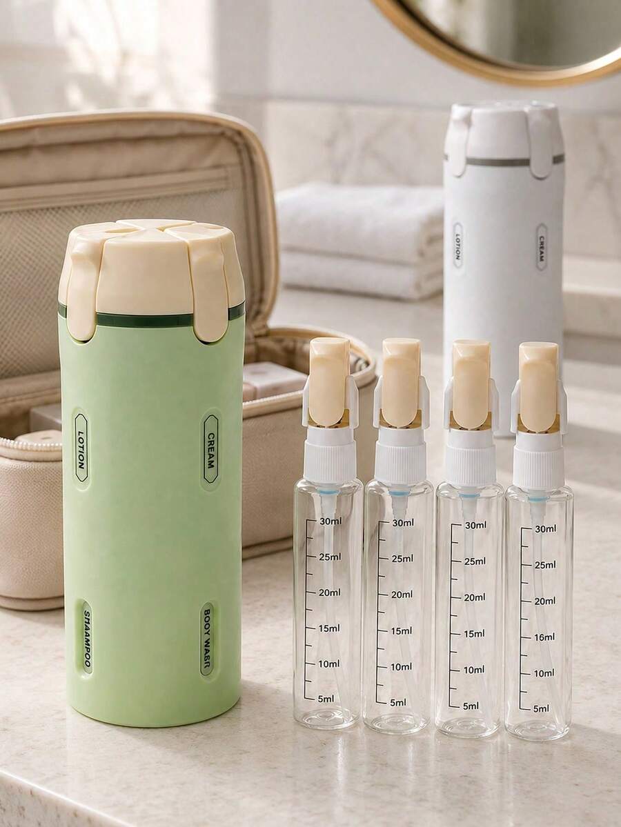 1pc Portable 4-In-1 Travel Toiletry Set, Includes 4 X 30ml Refillable Dispenser Bottles And Portable Shampoo/Lotion Storage Box, Suitable For Vacation And Business Trips - View 1