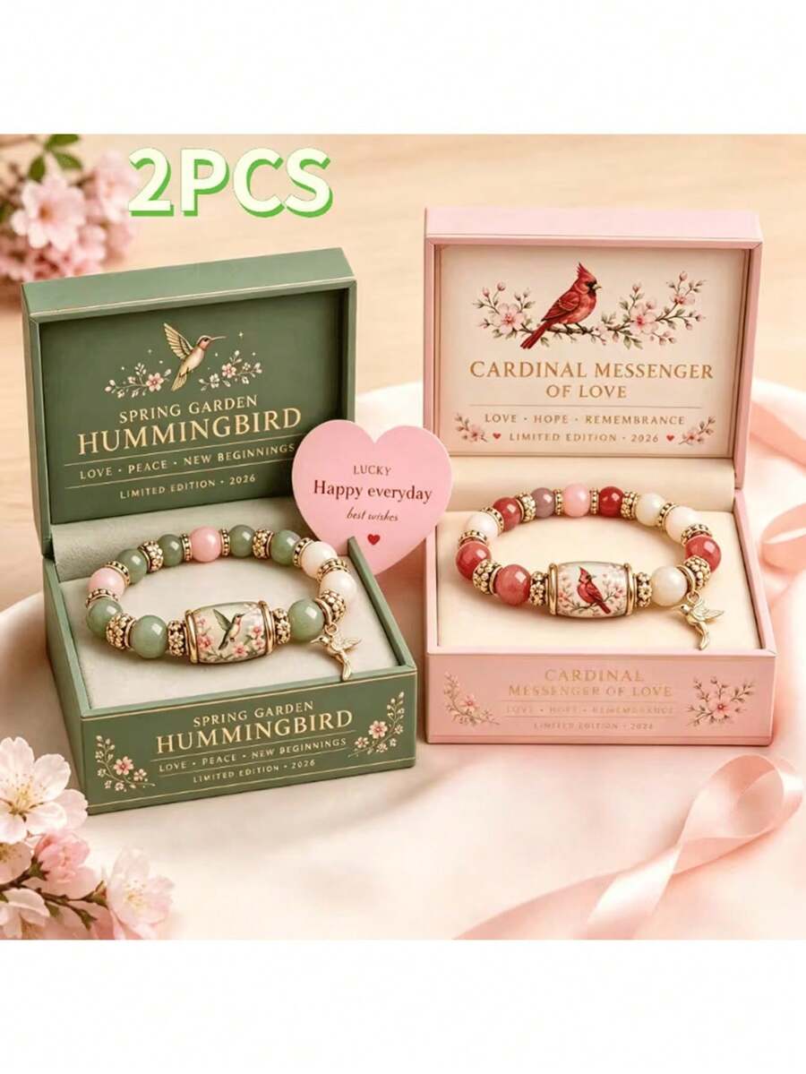 2pcs/Set Bohemian Style Hummingbird & Cardinal Bracelet Set, Floral Bird Beaded Jewelry With Gift Box, Women's Birthday Gift, Daily Wear - Green + Pink - View 1