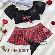 ZGQNBelle Women Plus Size Sexy Black Plaid Lingerie Set - Schoolgirl Cosplay Costume With Crop Top & Mini Skirt - 黑紅 - 查看 5