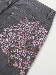 Men's Wide Leg Jeans, Decorative Faux Back Pockets With Cherry Blossom Tree Embroidery, Vintage Street Style Casual Long Pants - Grey - View 6