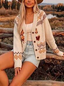 Women's American Western Style Horse Jacquard Knit Cardigan, Outdoor Camping Country Travel Old Town Street Style Casual Slimming Autumn - Apricot - View 5