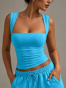 XLLAIS Women's White Fold-Collar Ribbed Knit Tank Top, Fitted Summer Casual Top - Sea Blue - View 5