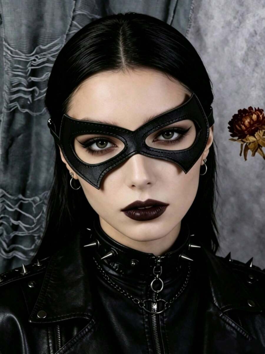 1pc Half Face Cat Eye Mask, Women's Black PU Leather Cat Mask, Halloween Masquerade Party Eye Mask, Cosplay Prop, Suitable For Halloween Party Role Play - Black - View 1
