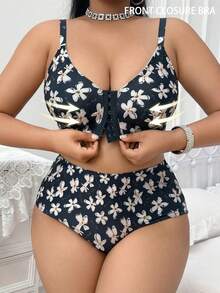 Wireless & Padless Front Closure Floral Print Plus Size Bra Set For Women - Black - View 1