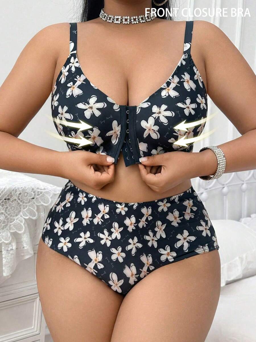 Wireless & Padless Front Closure Floral Print Plus Size Bra Set For Women - Black - View 1