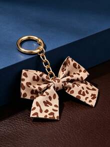 1Pc Leopard Print Double Layer Bow Ornament,Thick Linked Chain, Sturdy Fabric Texture, Retro Versatile Decor Keychain Bag Charm Gift - Multicolor - View 2
