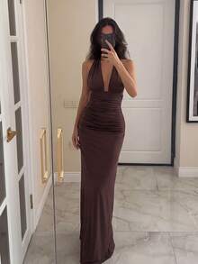 Women's Sleeveless High Neck Fitted Pleated Long Knit Dress, Elegant Mermaid Style Design, Perfect For Formal Occasions Summer Wedding Party Fall - Coffee Brown - View 8