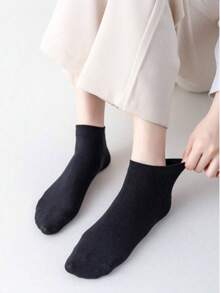 7 pares de calcetines cortos de algodón puro de unicolor, minimalistas y versátiles, de talla grande, para primavera y otoño, unisex - Negro - Ver 2