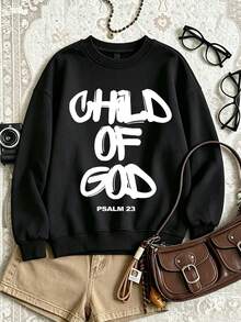 PSALM 23 CHILD OF GOD 字母印花女款大尺碼圓領運動衫，柔軟透氣，適合秋冬穿著 - 黑色 - 查看 1