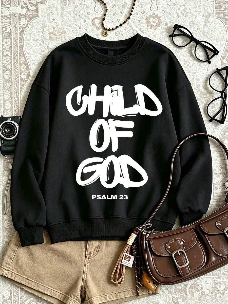 PSALM 23 CHILD OF GOD 字母印花女款大尺碼圓領運動衫,柔軟透氣,適合秋冬穿著 - 黑色 - 查看 1