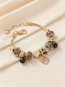 1pc Personalized Charm DIY Beaded Bracelet, Leopard Print Beads, Heart Butterfly Star Pendants, Adjustable, Christmas Gift, Versatile Daily Accessory - A - View 3