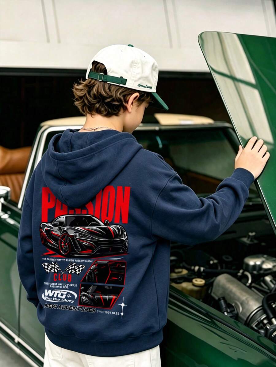 男童超級跑車與賽車格子旗背印圓領套頭衛衣,Passion Club 字母圖案寬鬆長袖童裝街頭風衛衣 - 藏蓝色 - 查看 1