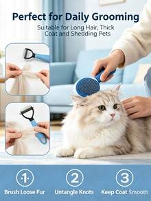 2-In-1 Pet Grooming Comb Set, Double-Sided De-Matting Comb & One-Click Self-Cleaning Slicker Brush, Hair Removal Tool For Cats And Dogs, Pet Shedding Cleaning Grooming Accessories - Multicolor - View 9