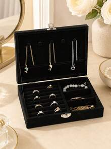 1pc Large Capacity Multi-Compartment Flocked Jewelry Box, Minimalist Solid Color Rectangular Flip Top Jewelry Storage Box, Divided Storage Area, Soft Lining With Metal Lock Design, Dust-Proof And Scratch-Resistant Jewelry Organizer, Suitable For Rings, Earrings, Necklaces, Bracelets, Bangles Classification Storage, Ideal For Bedroom Vanity, Closet, Dormitory And Birthday, Valentine's Day, Mother's Day, Christmas Gifts - Multicolor - View 4
