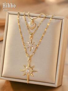 Hihho 3pcs/Set Kalung Rantai Multilayer Eropa & Amerika, Kalung Berlapis Emas dengan Berlian Imitasi Berkilau, Aksesori Fashion Serbaguna untuk Wanita - Set Kalung - View 2