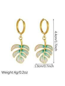 1 Pair Gold Tone Huggie Hoop Earring Color Swirl Enamel Monstera Leaf Charm Dangle Earrings Summer Boho Aesthetic Accessories - Leaves - View 7