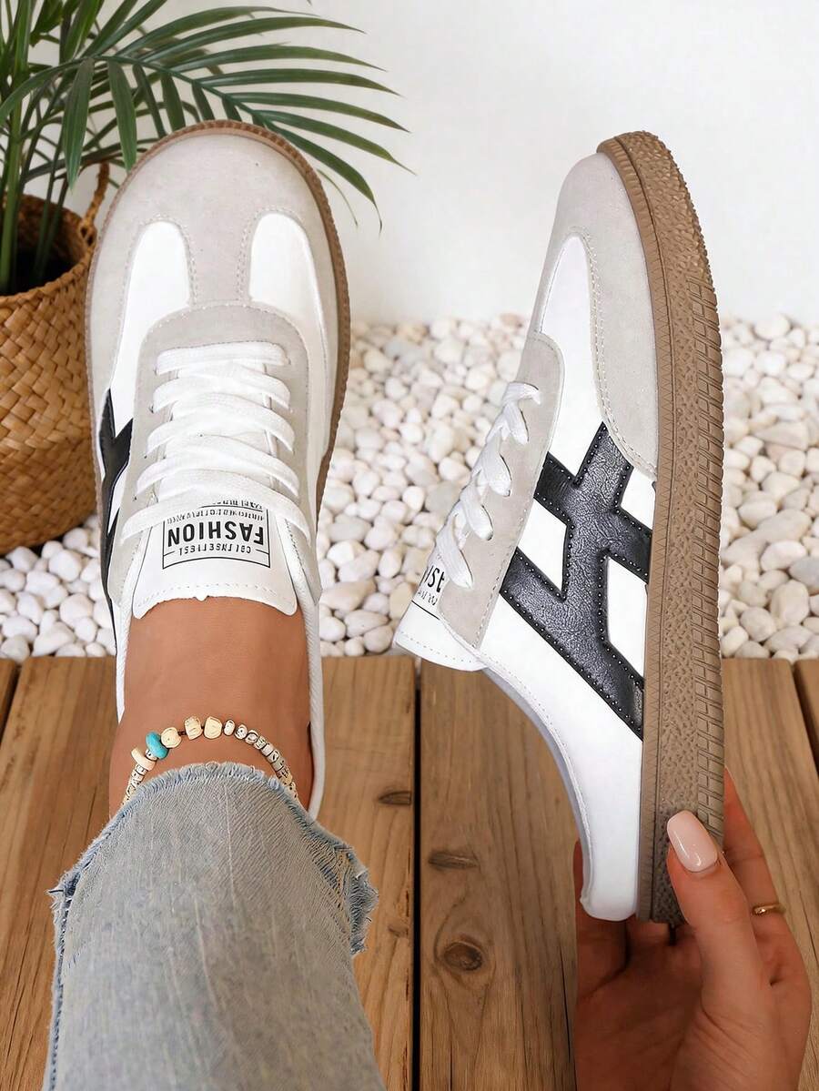 NOBLEARL White Gray Color Block Mule Trainers, Black Stripe Decor, Backless Lazy Retro Toe Cap Mule Sneakers - Black and White - View 1
