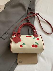 Niche Sweet Contrast Color Cherry Embroidered Boston Classic Pillow Bag With Hand Carry Handle And Adjustable Long Shoulder Strap, 3-In-1 Carrying Style: Handheld, Shoulder, Crossbody, Suitable For Light Travel, Shopping, Dating, Commuting And Outings - Red - View 4