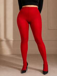 Women's Plus Size Red Semi-Opaque High Waist Pantyhose, Smooth Stretch Footed Tights For Holiday Party, Office, Date Night And Elegant Fashion Outfits - Red - View 4