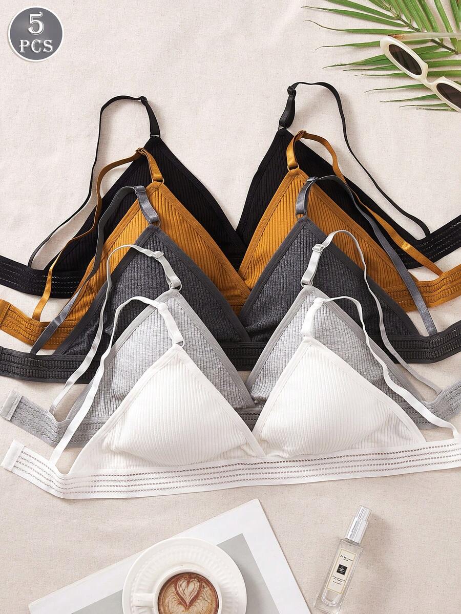 5PCS Solid Color Minimalist Casual Ribbed Non-Wired Comfortable Breathable Home Style Women's Bra - Multicolor - View 1