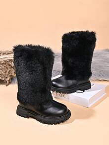 Children's Fashion New Long Fur Trim Soft Leather Boots - Black - View 5